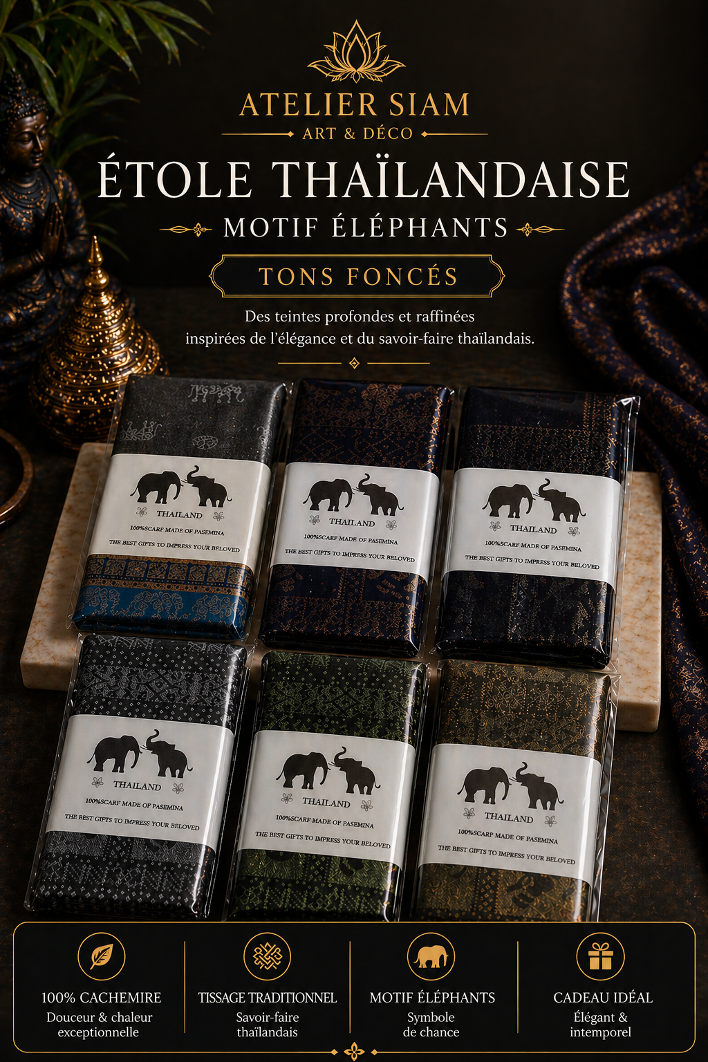 Motif éléphant Atelier Siam - étole 100% Cachemire