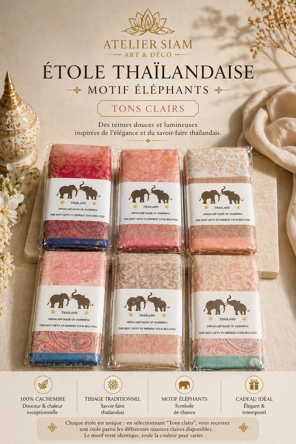Motif éléphant Atelier Siam - étole 100% Cachemire