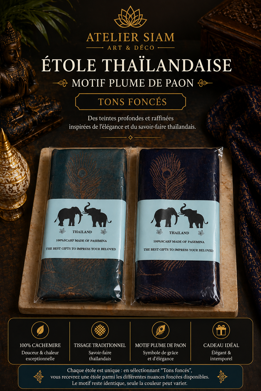 Motif Plume de Paon  Atelier Siam - Étole 100% Cachemire