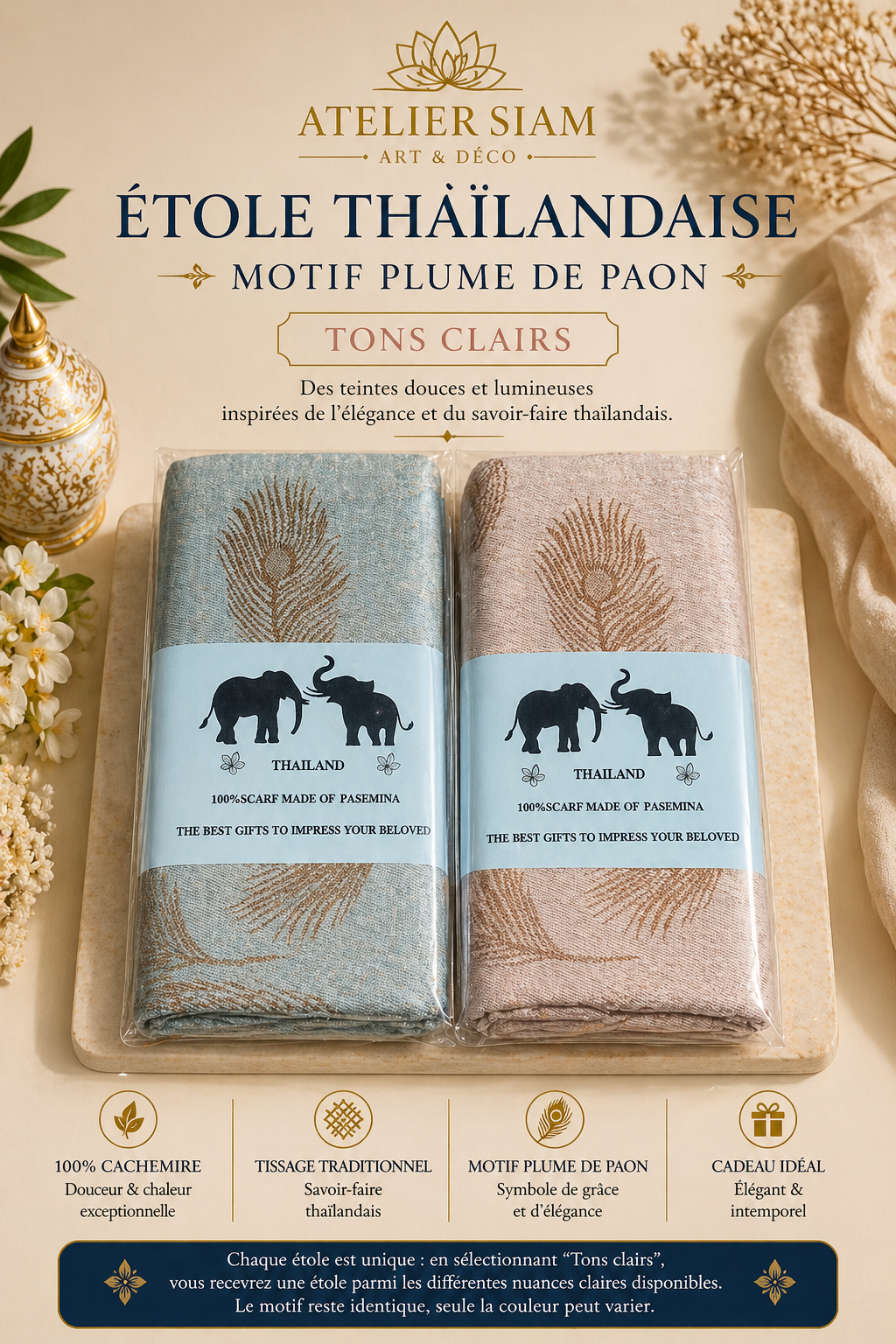 Motif Plume de Paon  Atelier Siam - Étole 100% Cachemire