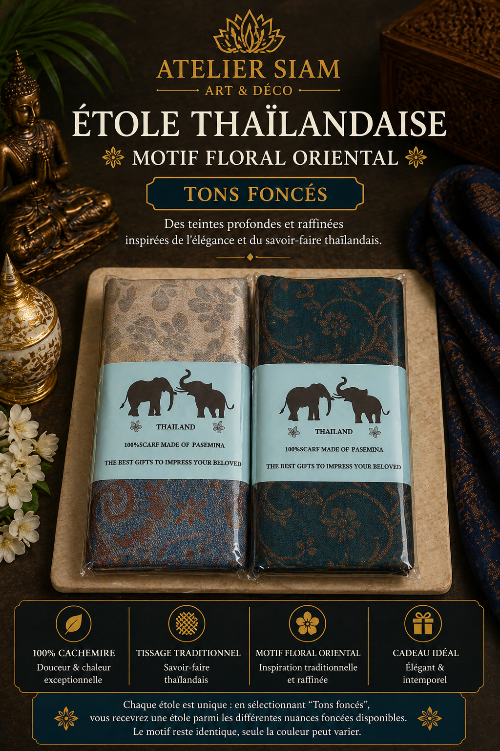 Motif Floral Oriental Atelier Siam - Étole 100% Cachemire