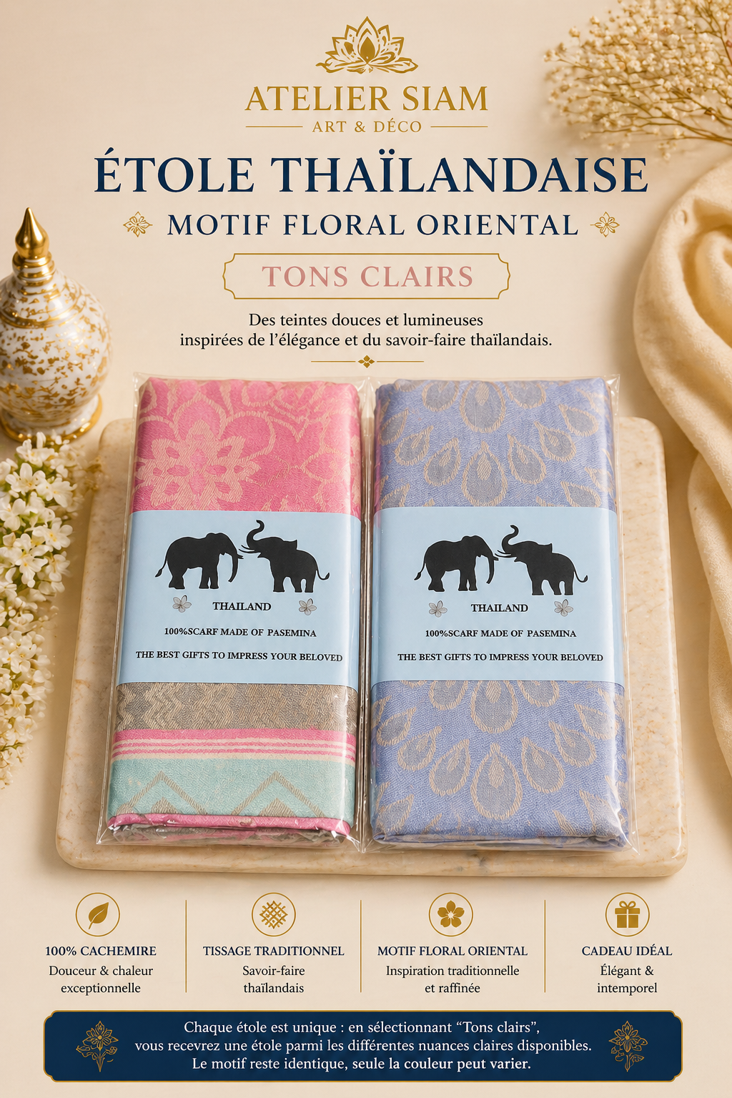 Motif Floral Oriental Atelier Siam - Étole 100% Cachemire