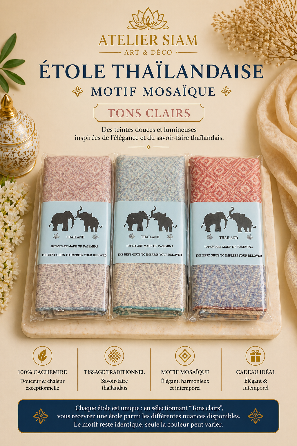 Motif Mosaïque Atelier Siam – Étole Thaïlandaise 100% Cachemire