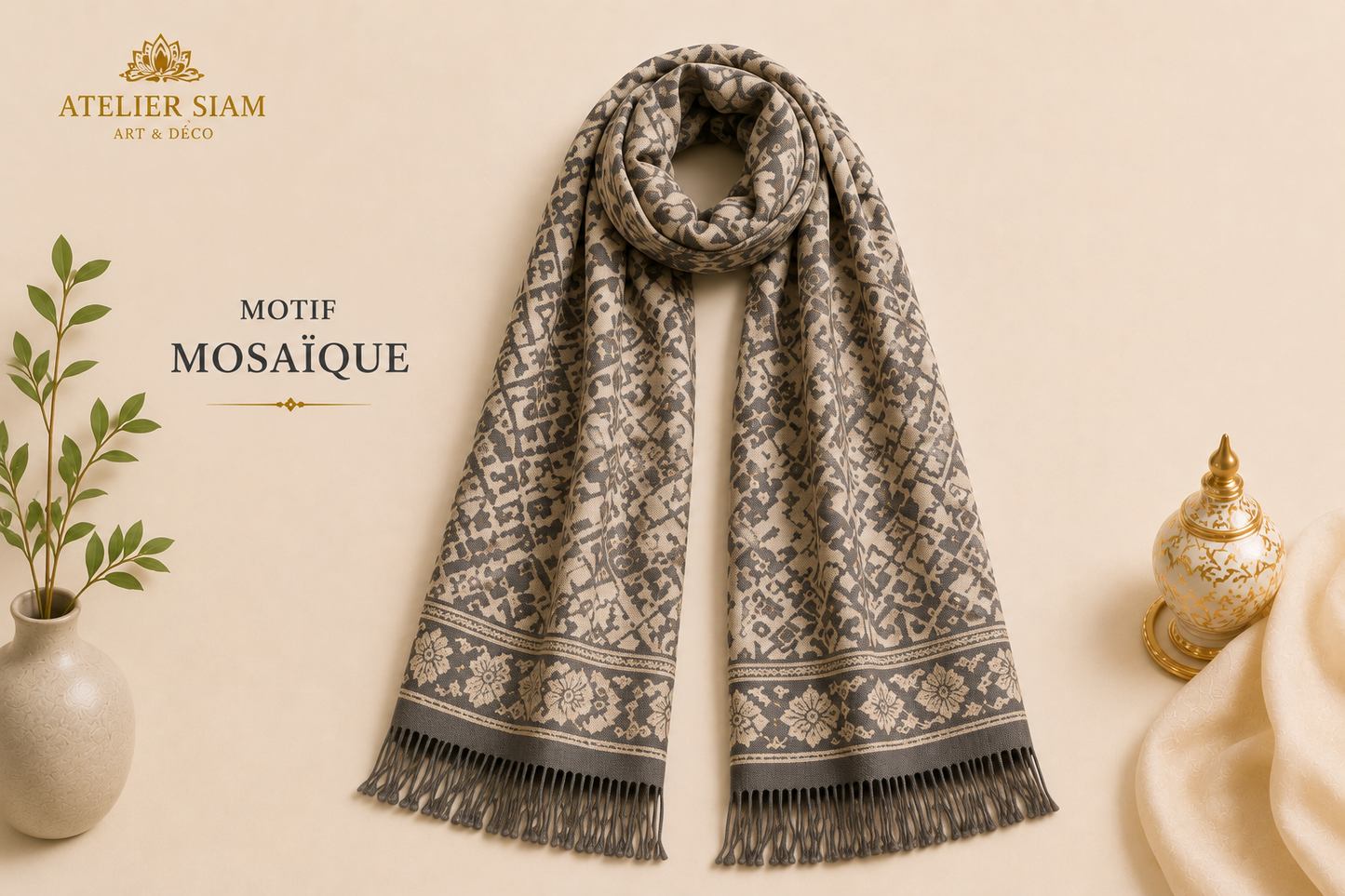 Motif Mosaïque Atelier Siam – Étole Thaïlandaise 100% Cachemire